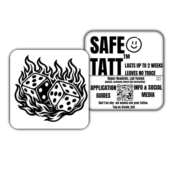 Flaming Dice Roll semi-permanent tattoo by SafeTatt