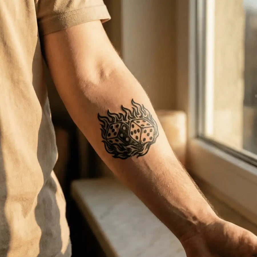 Flaming Dice Roll semi-permanent tattoo by SafeTatt